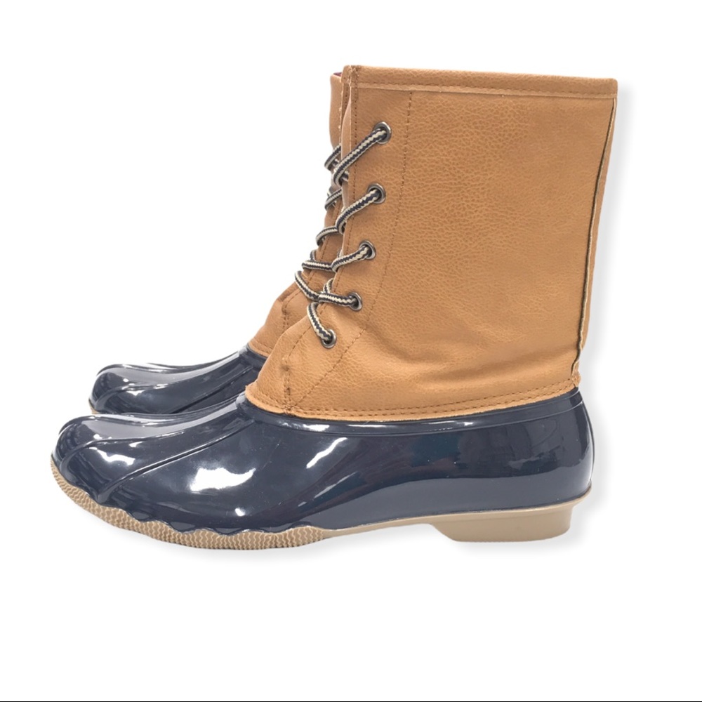 Navy Blue Tan Duck Boots Plaid Lining Size 9 - Picture 10 of 12
